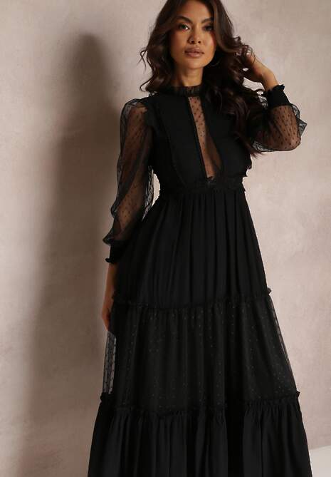Czarna Sukienka z Bufiastym Rękawem Ozdobiona Tiulowymi Wstawkami Laluna
