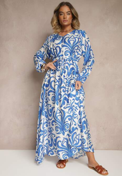 Niebieska Sukienka z Wiskozą o Rozkloszowanym Kroju w Abstrakcyjny Print Ridirinda