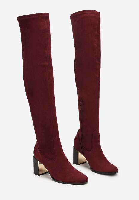 Bordowe Długie Kozaki za Kolano z Imitacji Zamszu na Metalicznym Obcasie Terephne