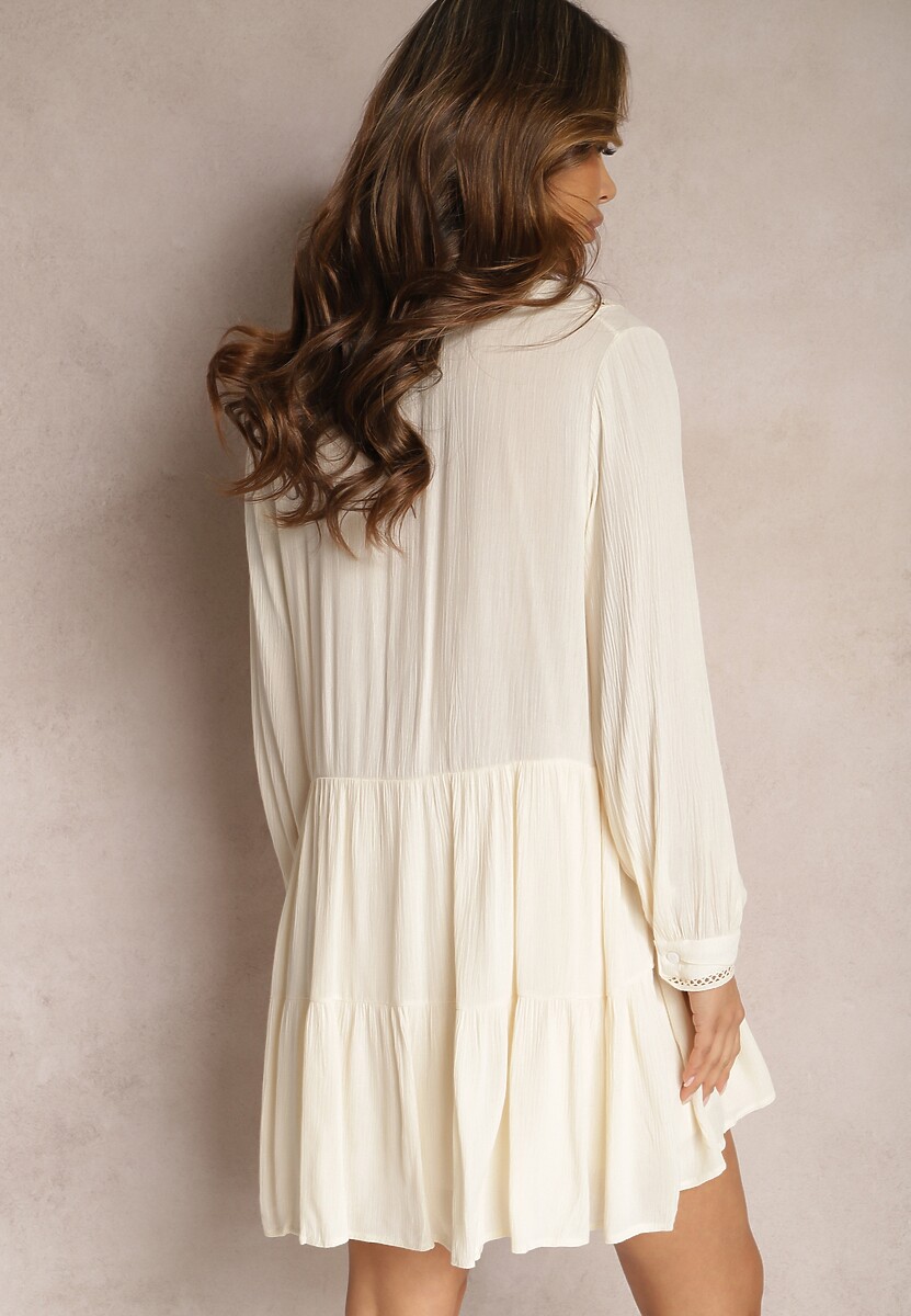 Jasnobeżowa Rozkloszowana Sukienka Koszulowa Mini w Stylu Boho Binessa