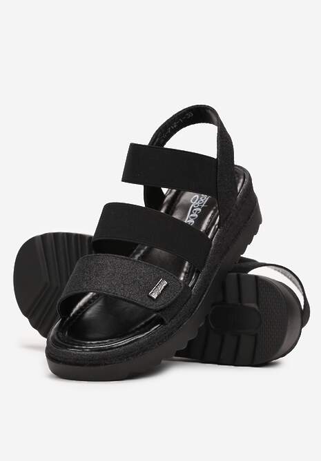 Czarne Wsuwane Sandały na Grubej Podeszwie z Brokatowym Wykończeniem Yalitza