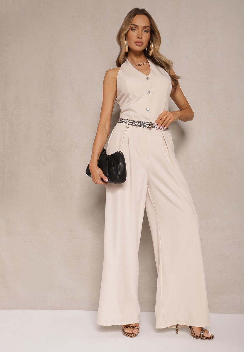 Beżowy Kombinezon na Szyję z Guzikami i Szerokimi Nogawkami Tadelli