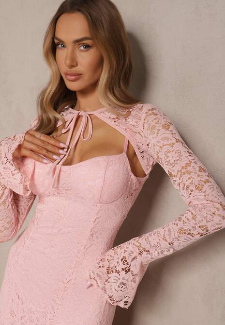 Ciemnoróżowa Rozkloszowana Sukienka z Koronki z Dodatkowym Bolerkiem Gonavora