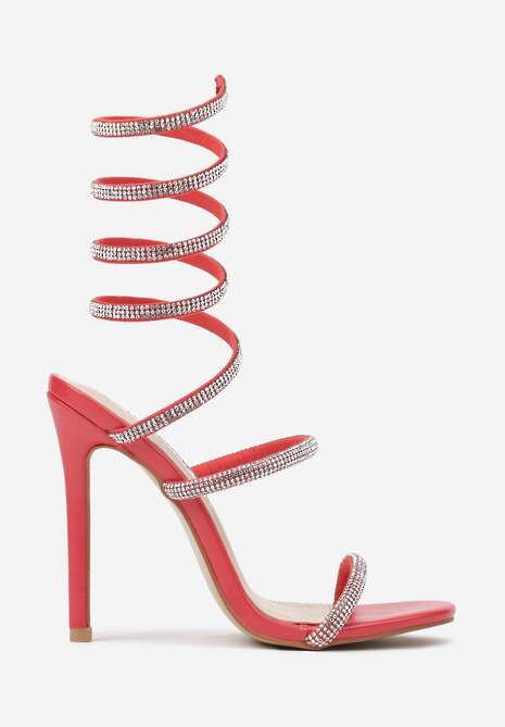 Czerwone Sandały na Obcasie Ozdobione Cyrkoniową Sprężyną na Łydkę Nelesi
