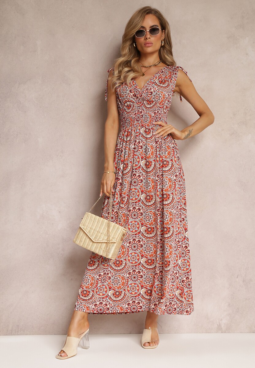 Pomarańczowa Kwiecista Sukienka Maxi z Gumką w Talii z Wiskozy Aslana