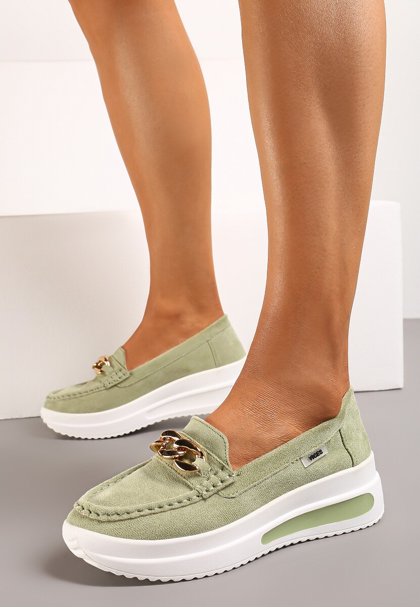 Zielone Mokasyny z Łańcuszkiem na Wysokiej Platformie Iracana