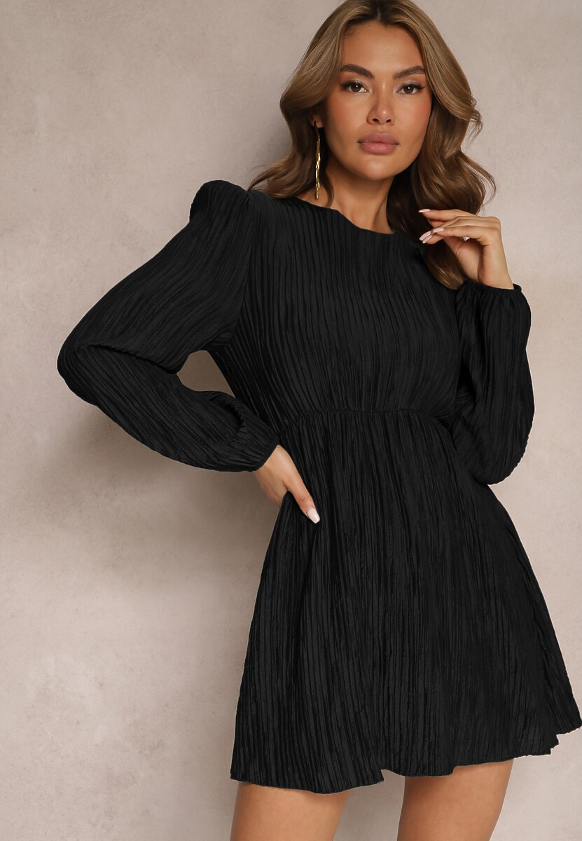 Czarna Sukienka z Długim Rękawem o Rozkloszowanym Kroju z Gumką w Talii Kiofina
