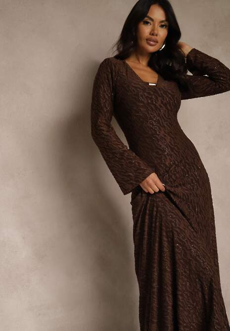 Brązowa Rozkloszowana Sukienka Longsleeve w Zebrę Zdobiona Brokatem Mevilisa