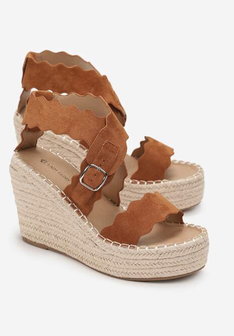 Brązowe Sandały na Koturnie z Juty z Ozdobnymi Paskami Rhexinn