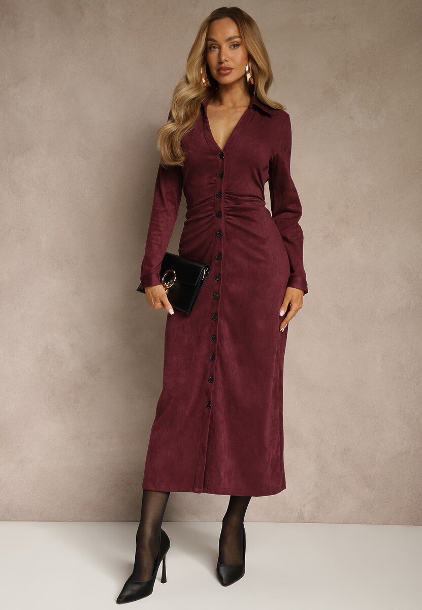 Bordowa Marszczona Sukienka z Imitacji Zamszu o Koszulowym Kroju Esora