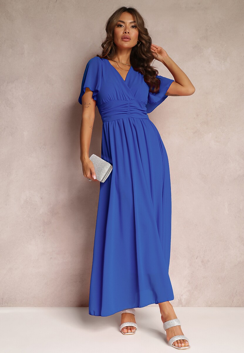 Niebieska Rozkloszowana Sukienka z Kopertowym Dekoltem Obillis