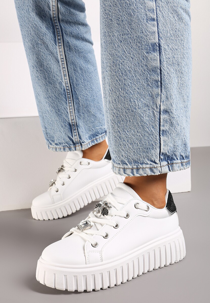 Biało-Czarne Sneakersy na Platformie Ozdobione Metaliczną Wstawką i Aplikacjami z Cyrkonii Qulina