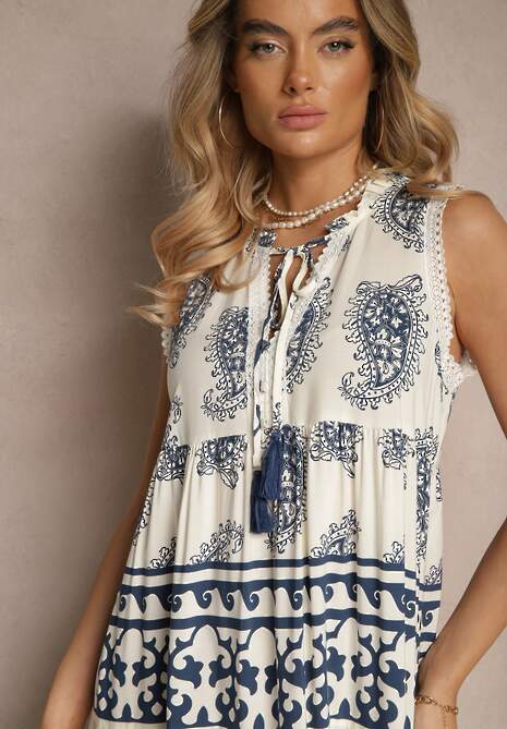 Niebieska Rozkloszowana Sukienka z Wiskozy Wiązana pod Szyją w Print Paisley Nreadia