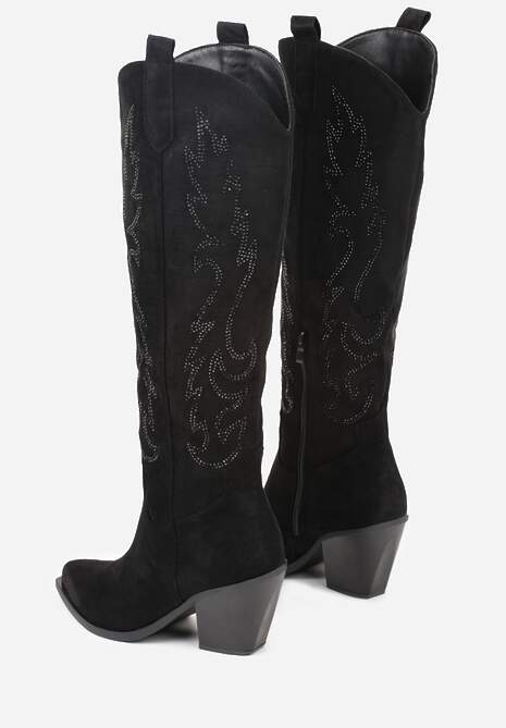 Czarne Kozaki Kowbojki na Stożkowym Obcasie Zdobione Cyrkoniami Nalera