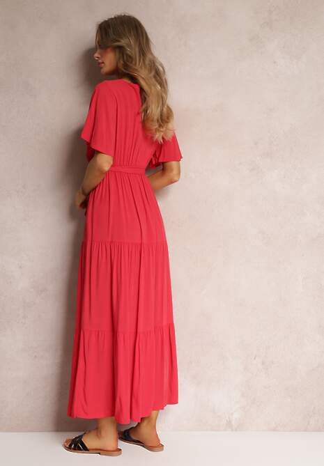 Czerwona Rozkloszowana Sukienka z Falbanką i Wiązanym Paskiem Adotine