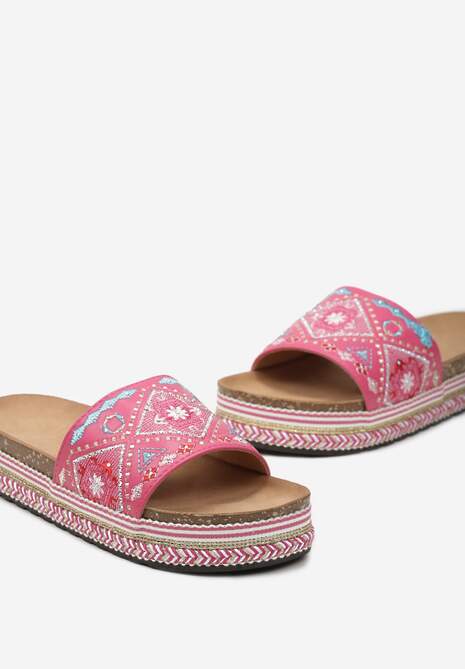 Fuksjowe Klapki Boho na Niskiej Platformie Ozdobione Plecionką i Cyrkoniami Giratsa