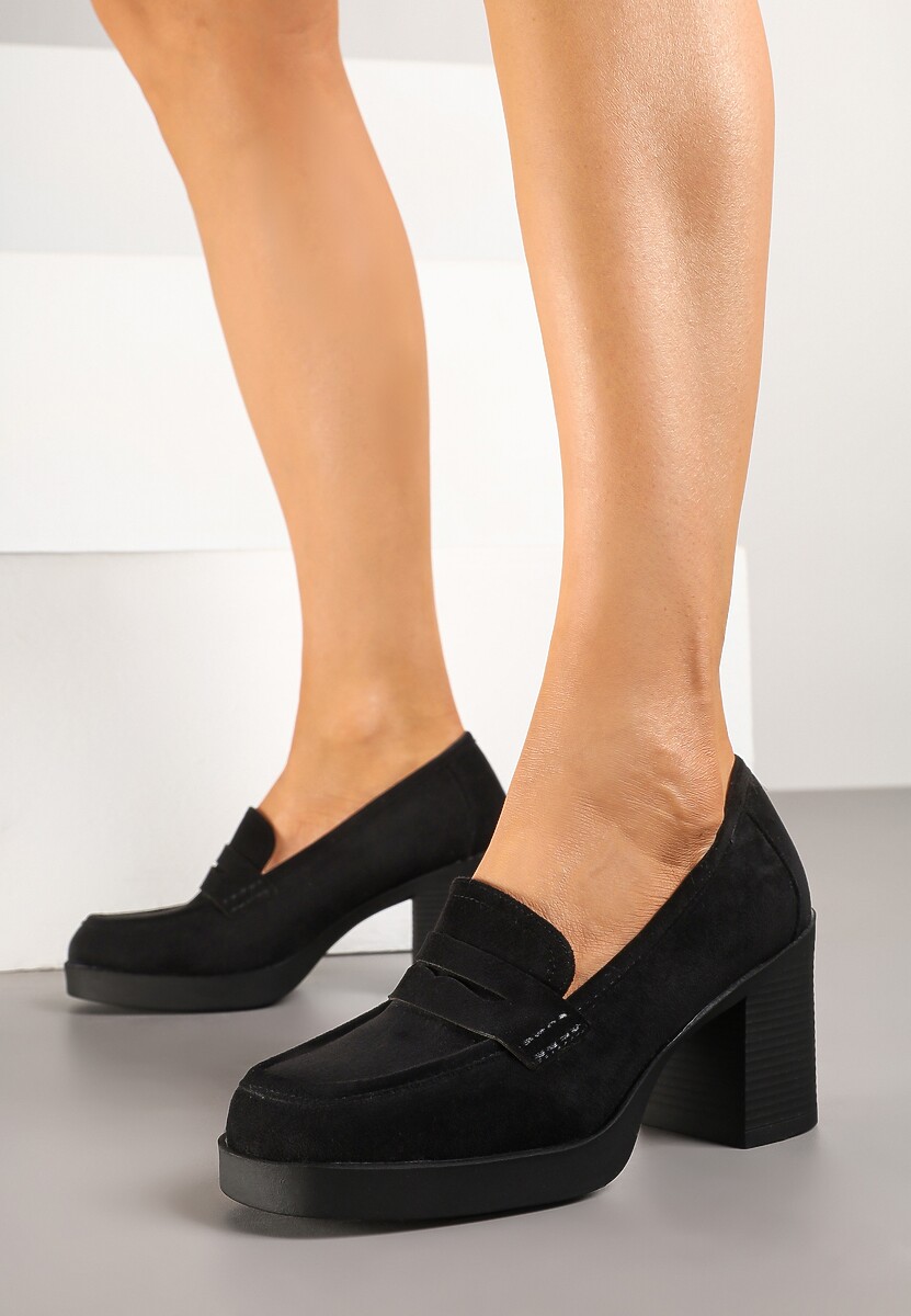Czarne Półbuty w Stylu Loafersów na Słupkowym Obcasie Separra