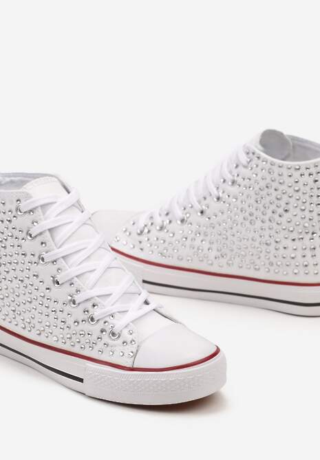 Białe Cyrkoniowe Trampki na Płaskiej Podeszwie z Wysoką Cholewką Isisea