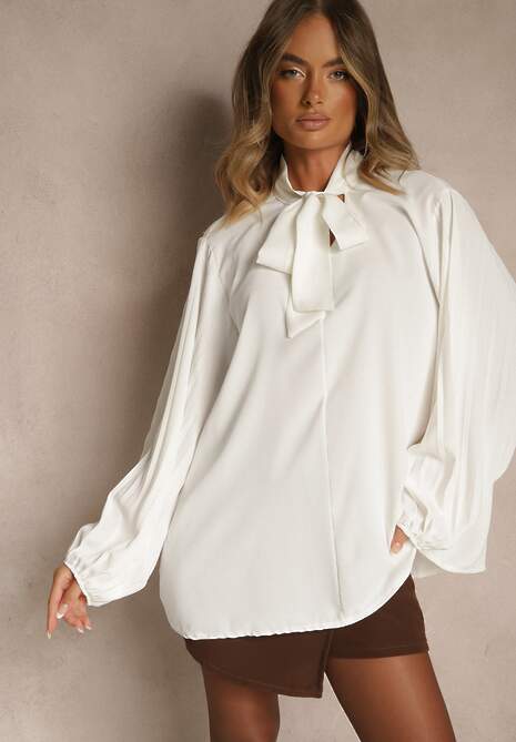 Biała Bluzka Ozdobiona Wiązaniem i Plisowanymi Rękawami Jenowena