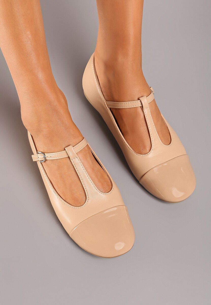Beżowe Balerinki na Płaskiej Podeszwie z Lakierowanym Noskiem i Sprzączką Lerirra
