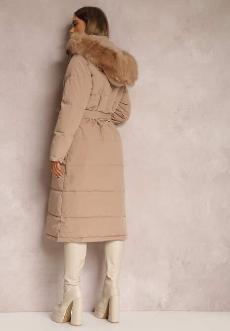 Ciemnobeżowa Kurtka Długa z Paskiem i Kapturem Pikowana Nilme
