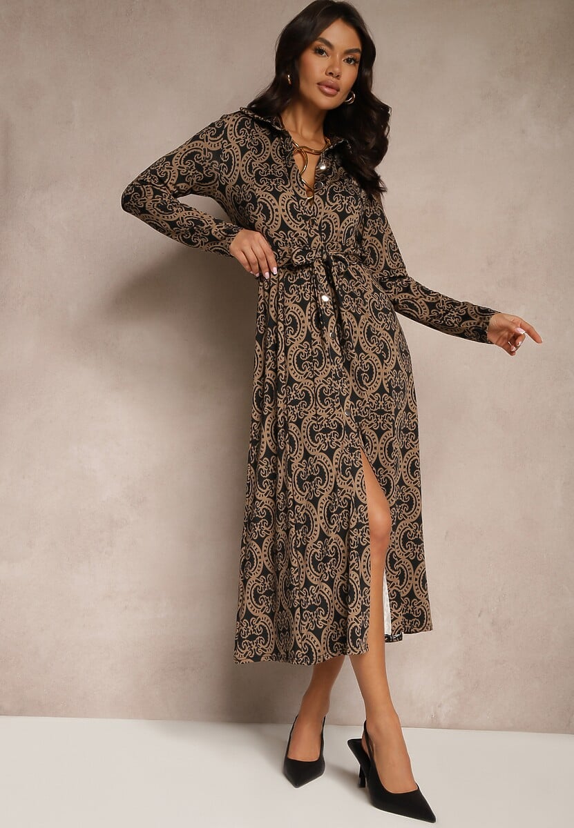Brązowa Wzorzysta Sukienka z Wiskozą o Koszulowym Kroju Ozdobiona Wiązanym Paskiem Evelitha