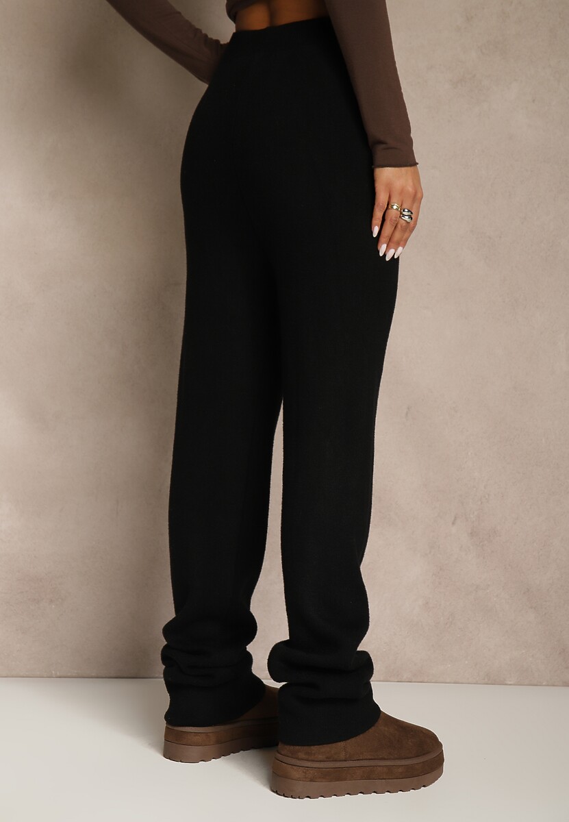 Czarne Spodnie z Wełną ze Sznurkiem i Ozdobnymi Kieszeniami Moneressa