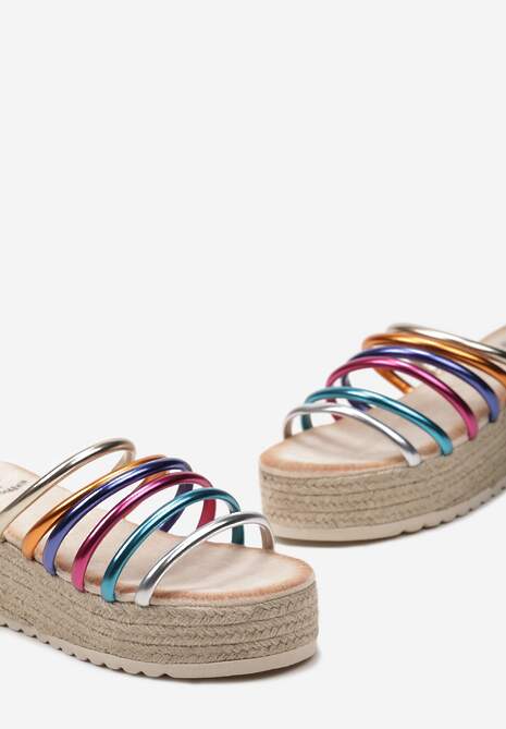 Beżowo-Złote Klapki z Ozdobnymi Paskami na Platformie i Koturnie z Plecionką z Juty Junistia