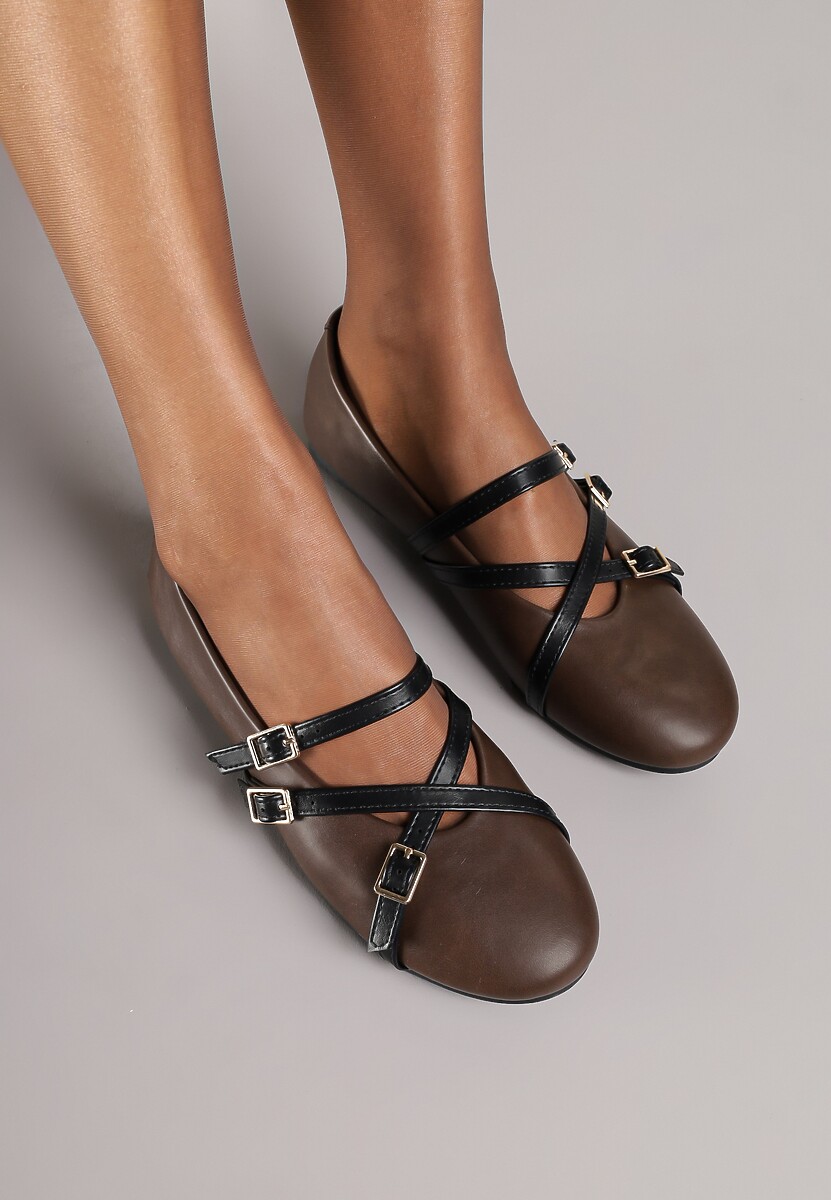 Brązowe Balerinki Vices Mary Jane z Wkładką ze Skóry Naturalnej Rilomia