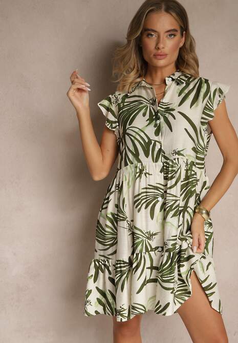 Zielona Sukienka z Bawełną Lnem i Wiskozą w Liście Lilestia