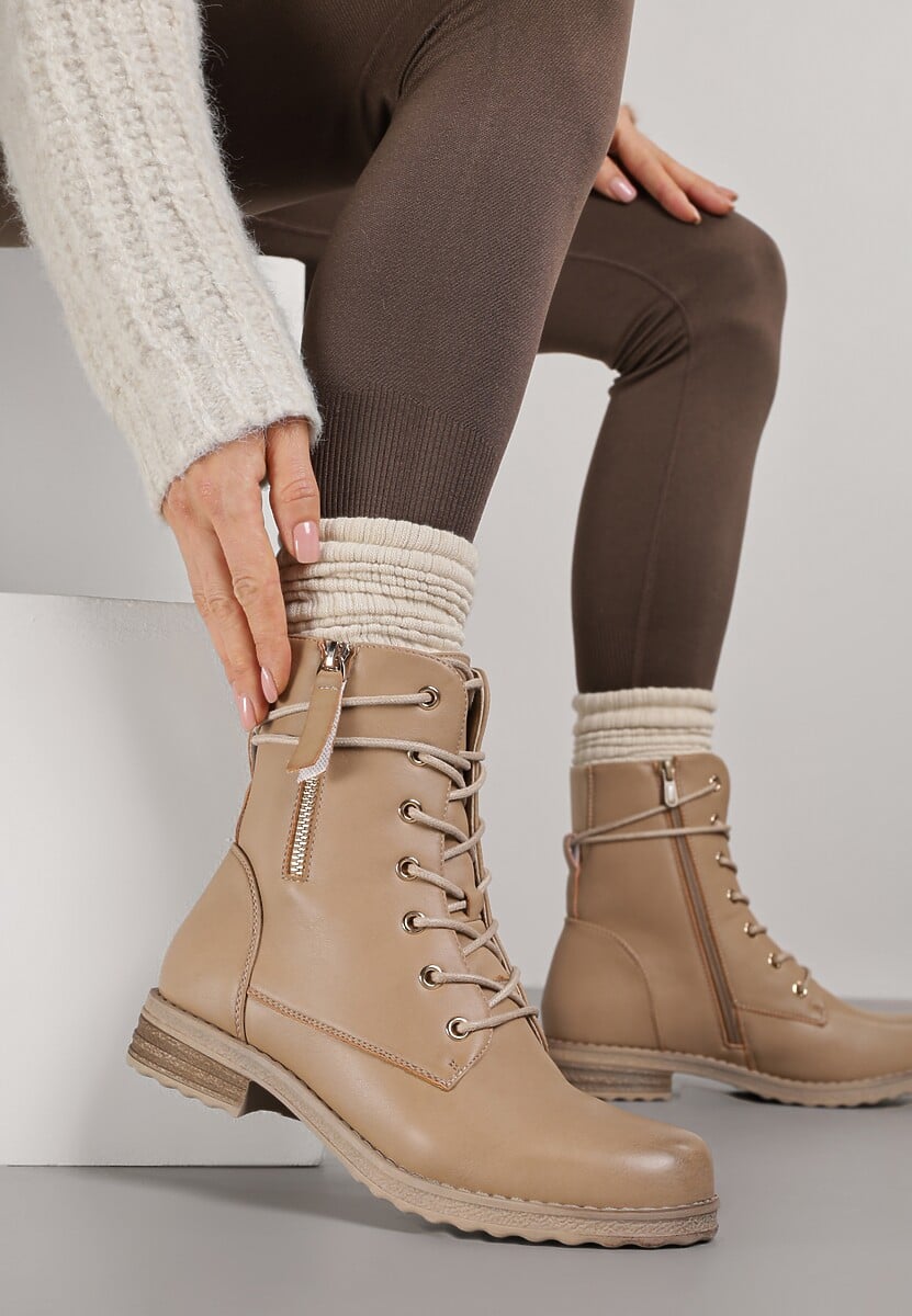 Beżowe Sznurowane Botki Workery na Płaskiej Podeszwie Ozdobione Suwakiem Tarinda