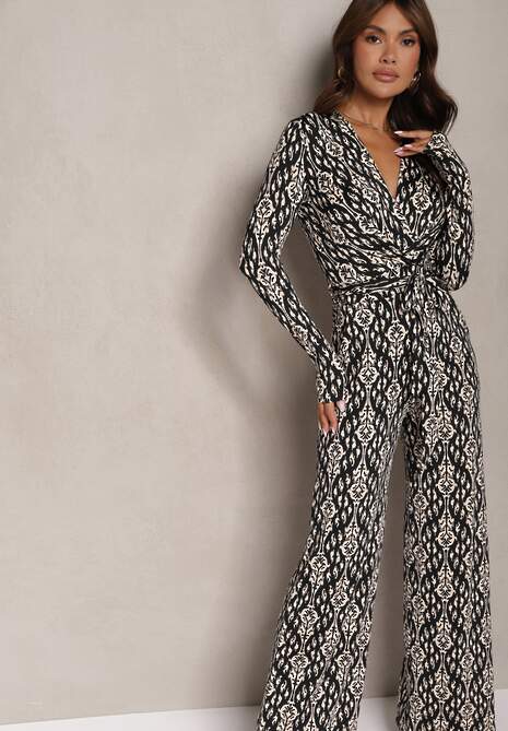 Czarno-Beżowy Kopertowy Kombinezon z Paskiem w Talii i Ozdobnym Wzorem Mirannda