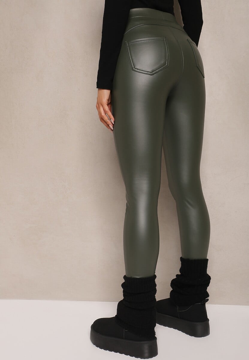 Ciemnozielone Legginsy z Imitacji Skóry High Waist Noriel