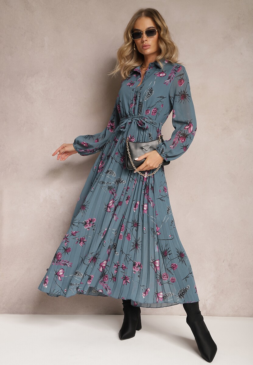 Granatowa Sukienka Plisowana w Kwiaty Emiranda