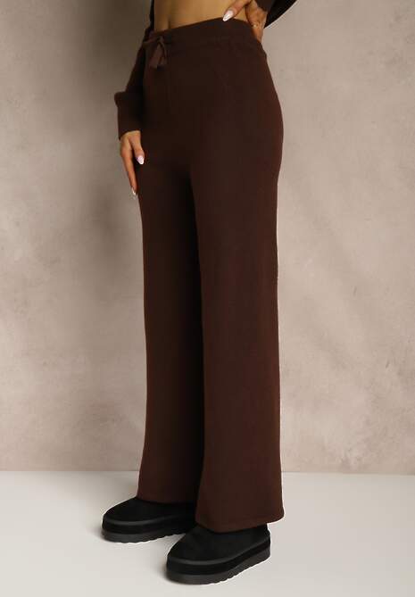 Brązowy Komplet z Wełną i Bawełną Rozpinana Bluza z Kapturem i Szerokie Spodnie Reisema