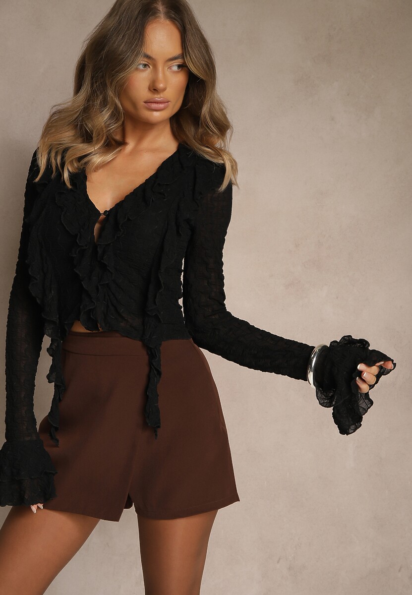 Czarna Bluzka VICES z Tłoczonej Siateczki Zdobiona Falbankami Nivite