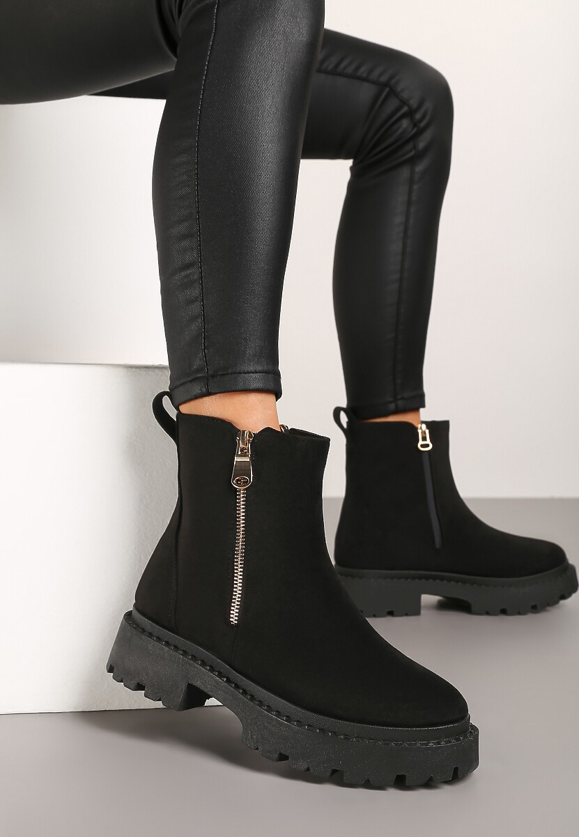 Czarne Płaskie Botki z Ekozamszu z Suwakiem Tinaferr