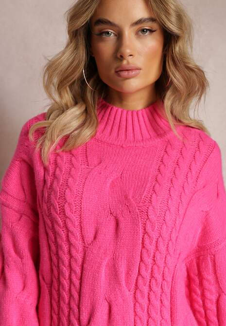 Fuksjowy Długi Sweter o Luźnym Kroju z Warkoczykowym Splotem Penerria