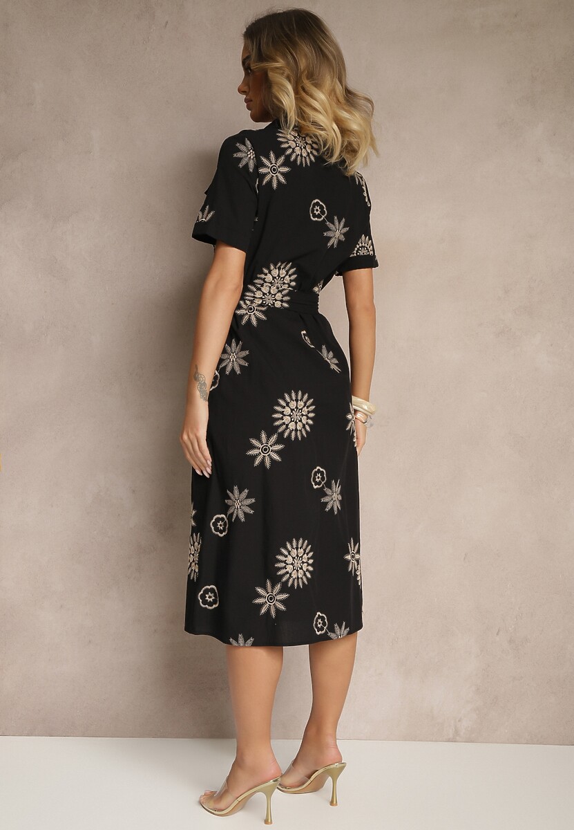 Czarna Wiskozowa Sukienka Koszulowa Ozdobiona Paskiem i Haftem Divaloria