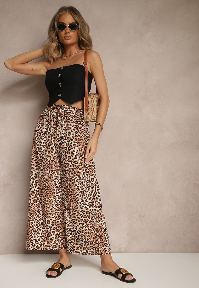 Beżowo-Brązowe Spodnie Wide Leg z Gumką w Talii w Panterkowy Wzór Filanira