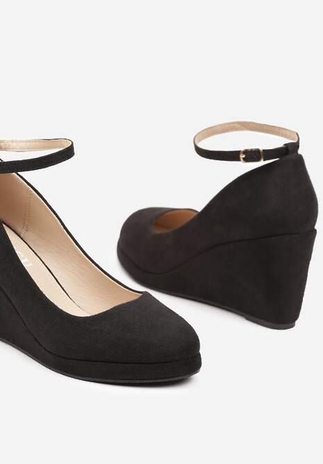 Czarne Casualowe Czółenka na Koturnie z Zapięciem przy Kostce Navias