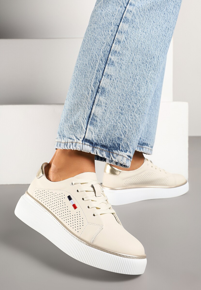 Beżowe Skórzane Sneakersy z Perforacją Halovienna