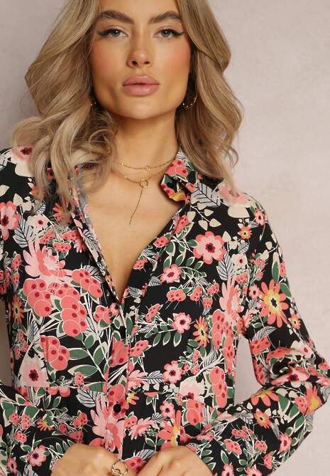 Czarno-Czerwona Koszulowa Sukienka Maxi z Podpinanymi Rękawami w Kwiatowy Wzór c