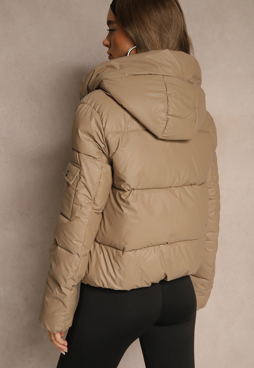 Ciemnobeżowa Kurtka Puffer z Pikowanymi Przeszyciami i Kapturem Renaria