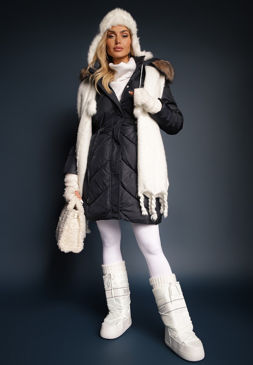 Granatowa Długa Pikowana Kurtka w Stylu Parki z Troczkiem w Pasie i Sztucznym Futerkiem Abelasa