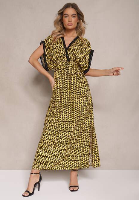 Żółta Sukienka Rozkloszowana z Bawełny Wykończona Koronką Lanadria