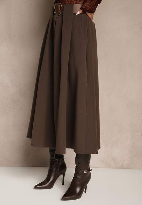 Brązowa Spódnica z Wiskozą o Rozkloszowanym Kroju z Paskiem z Klamrą Tiavela