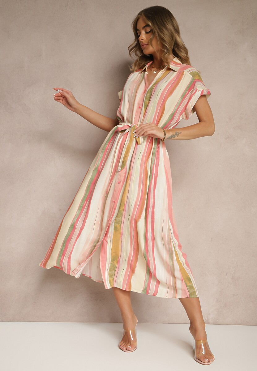 Różowa Wiskozowa Sukienka Koszulowa z Wiązanym Paskiem Iffema