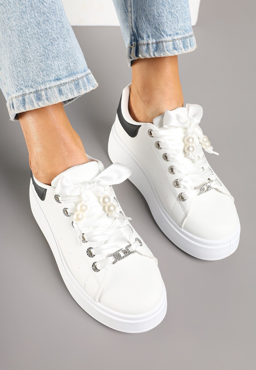 Biało-Czarne Sneakersy na Platformie z Ozdobnymi Cyrkoniami Aviriel