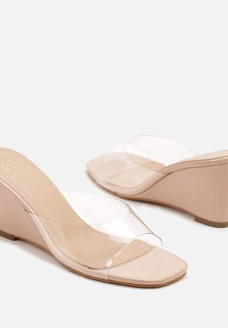 Beżowe Klapki na Koturnie z Transparentną Cholewką Arozia